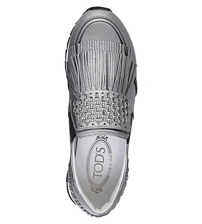 Shop Tod's Sportivo Fringe Leather Metallic Sneakers In Silver