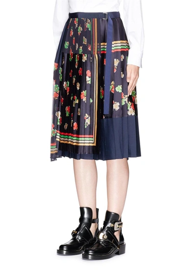 Shop Sacai Floral Print Pleated Patchwork Wrap Skirt