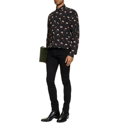 Shop Saint Laurent Flamingo Print Long Sleeve Shirt In Black