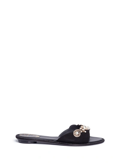 Shop René Caovilla Strass Faux Pearl Embellished Suede Slide Sandals