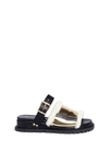 SACAI Buckled leather and mirror shearling slide sandals