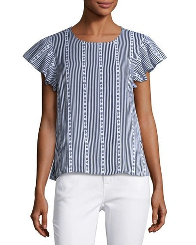 English Factory Striped Ruffled-sleeve Top In Blue/white
