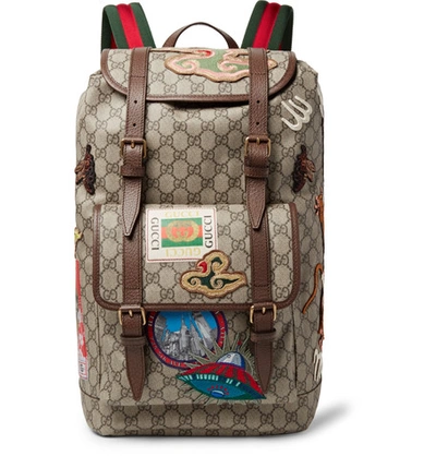 Shop Gucci Leather-trimmed Appliquéd Monogrammed Coated-canvas Backpack