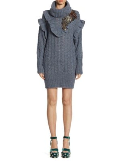 Shop Miu Miu Cable-knit Embroidered Alpaca Sweater Dress In Grey