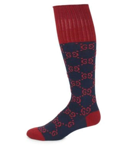 Gucci Monogrammed Jacquard-knit Stretch Cotton-blend Socks In Navy Red