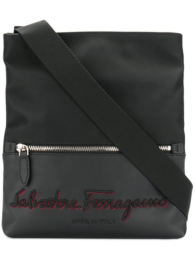 Ferragamo Logo Embroidered Messenger Bag In Black