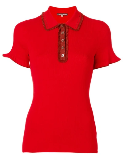 Alexa Chung Ruffle-trimmed Ribbed Stretch-knit Polo Shirt In Red