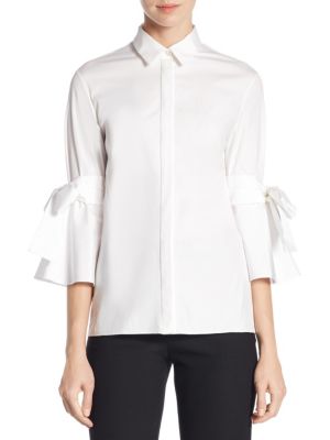 Carolina Herrera Bow Button Front Bell-sleeve Blouse In White | ModeSens