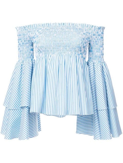 Caroline Constas 'appolonia' Tiered Sleeve Stripe Smocked Off-shoulder Top In Turquoise
