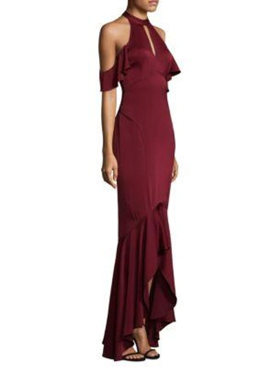 Shoshanna Montrose High-low Ruffle Cold-shoulder Gown In Port