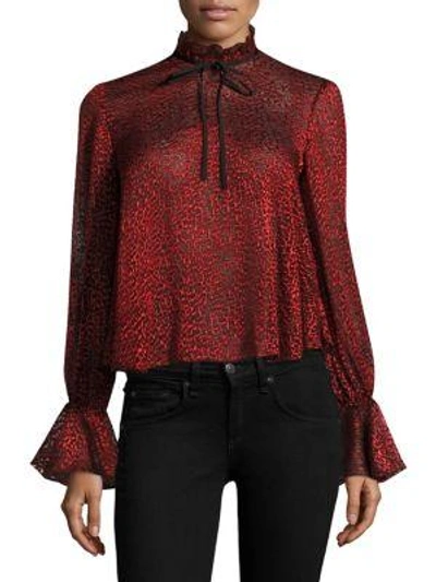 Saloni Tyler Devore Bell-sleeve Cropped Top In Carmine Red