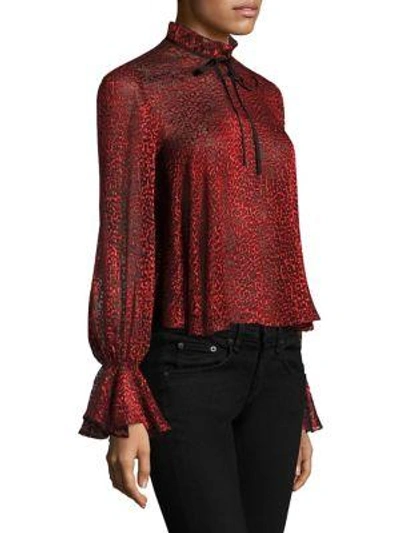 Shop Saloni Tyler Devore Bell-sleeve Cropped Top In Carmine Red