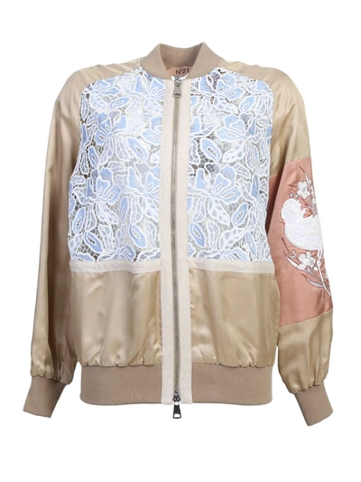 Shop N°21 Beige Viscose Bomber Jacket With Contrasting Lace And Embroidery In Multi