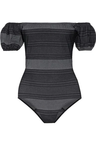 Shop Lisa Marie Fernandez Leandra Off-the-shoulder Striped Cotton-blend Denim Swimsuit In Black