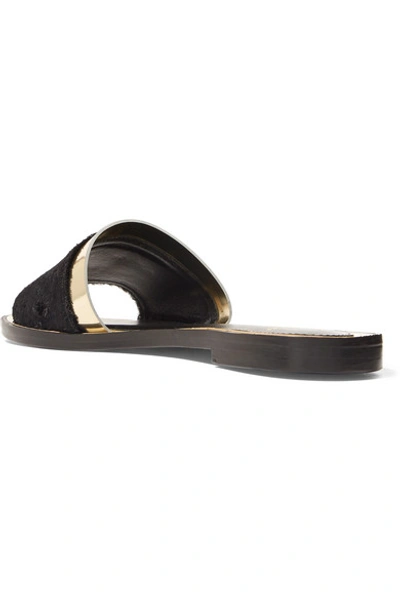 Shop Lanvin Faux Fur And Metallic Leather Slides In Black