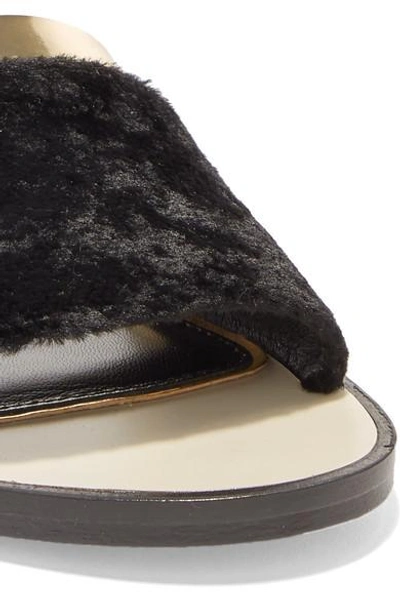 Shop Lanvin Faux Fur And Metallic Leather Slides In Black