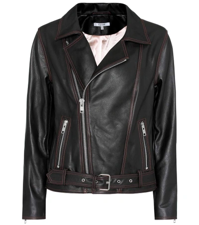 Shop Ganni Tatin Leather Moto Jacket In Llack
