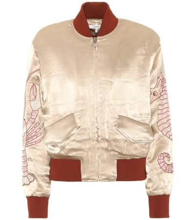 Ganni Embroidered Satin Bomber Jacket In Beige