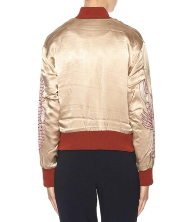 Shop Ganni Embroidered Satin Bomber Jacket In Beige