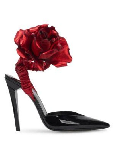 Shop Saint Laurent Freja Flower-applique Patent Leather Pumps In Noir-rogue