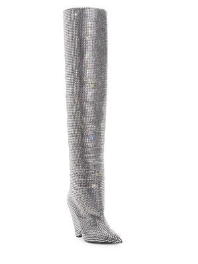 Shop Saint Laurent Niki Over-the-knee Crystal Boots In Grey