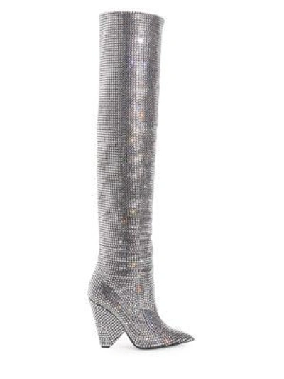 Shop Saint Laurent Niki Over-the-knee Crystal Boots In Grey