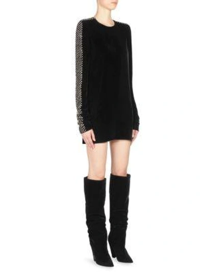 Shop Saint Laurent Embellished Velvet Dress In Black