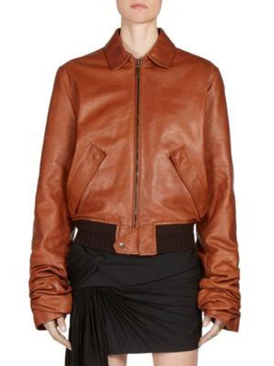 Shop Saint Laurent Leather Bomber Jacket In Cognac