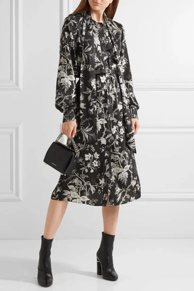 Shop Mcq By Alexander Mcqueen Pussy-bow Printed Satin-twill Midi Dress In Black