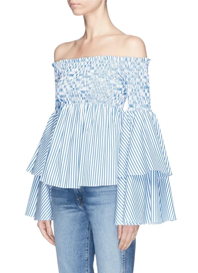 Shop Caroline Constas 'appolonia' Tiered Sleeve Stripe Smocked Off-shoulder Top