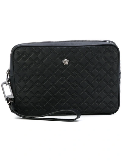 Versace Greek Key Embossed Clutch Bag In Black