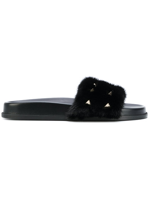 Valentino Garavani Rockstud Genuine Mink Fur Slide Sandal In Black 