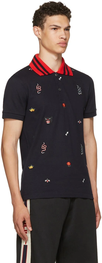 Shop Gucci Navy Embroidered Polo In 4033 Ink/multicolor