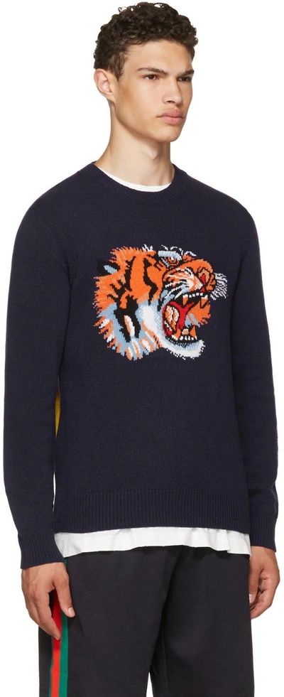 Gucci Tiger Intarsia Sweater - Blue Sweaters, Clothing - GUC299001