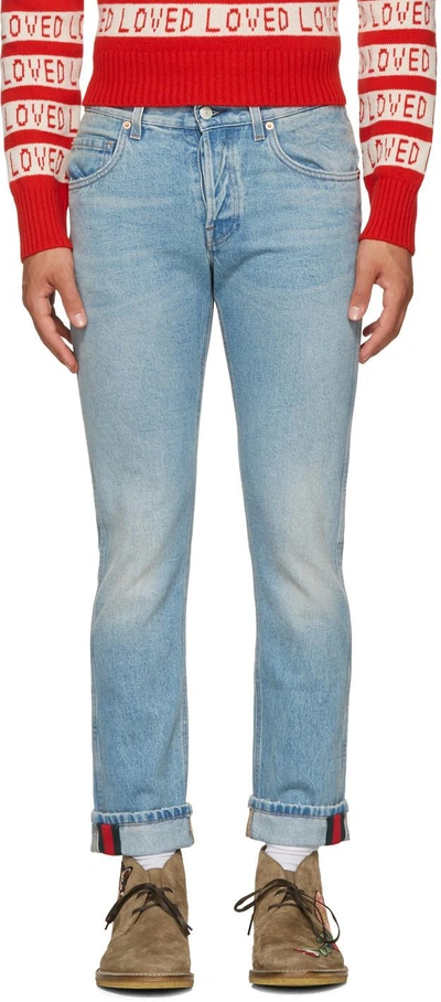 Shop Gucci Blue Tapered Web Jeans In 4396 Light Blue/gree