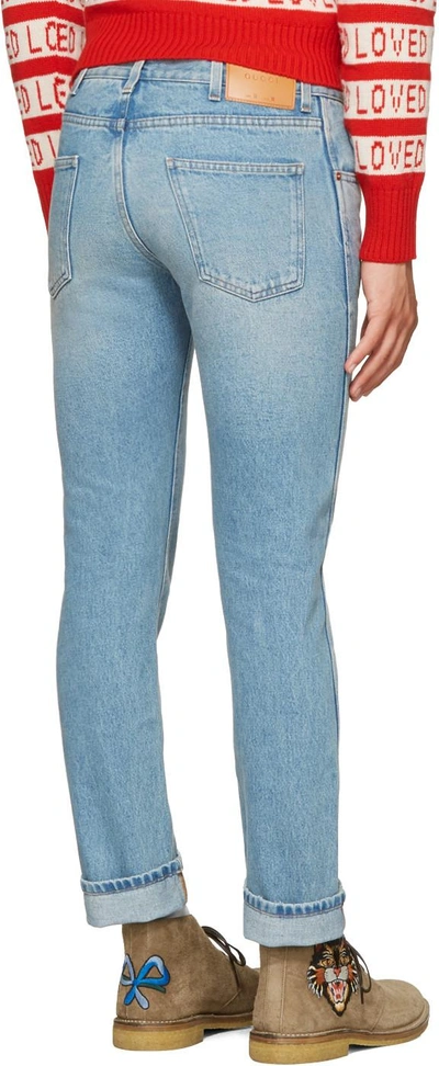 Shop Gucci Blue Tapered Web Jeans In 4396 Light Blue/gree