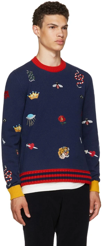 Shop Gucci Navy Embroidered Sweater
