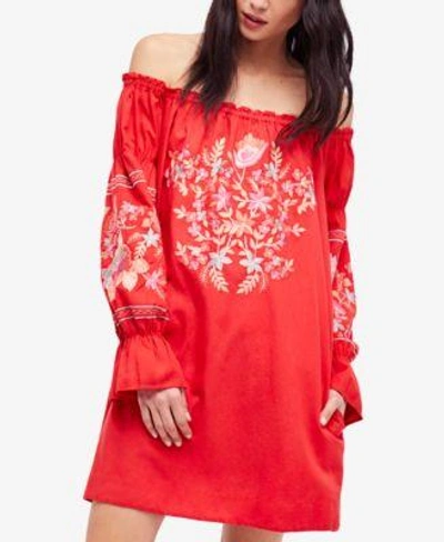 Shop Free People Fleur De Jour Cotton Embroidered Off-the-shoulder Mini Dress In Red