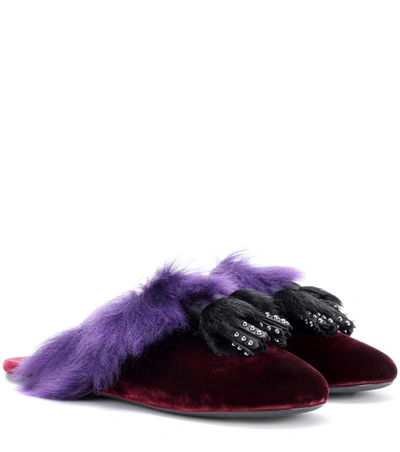 Prada Shearling-lined Velvet Slippers In Red