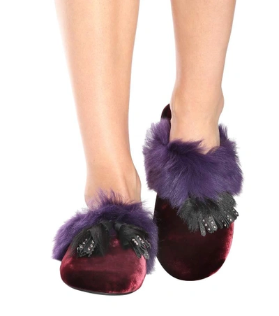 Shop Prada Shearling-lined Velvet Slippers In Red