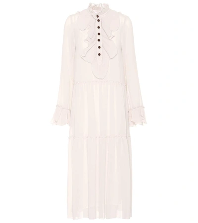 See By Chloé High Neck Pleated Ruffle Trim Midi Dress In Morganite