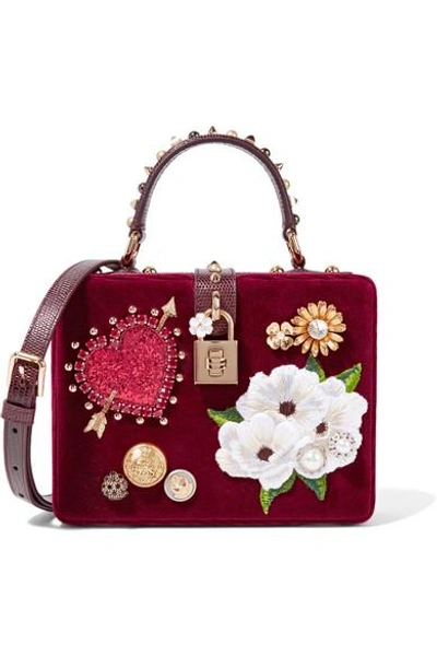 Shop Dolce & Gabbana Dolce Box Leather-trimmed Embellished Velvet Tote In Burgundy