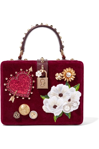 Shop Dolce & Gabbana Dolce Box Leather-trimmed Embellished Velvet Tote In Burgundy