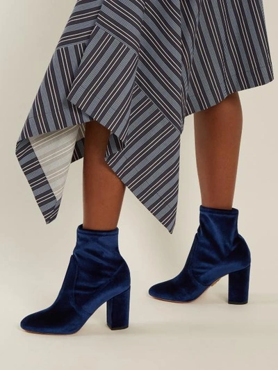 Shop Aquazzura So Me 90 Velvet Ankle Boots In Blue