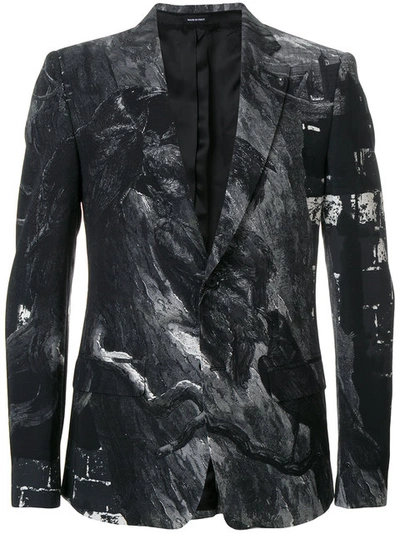 Alexander Mcqueen Raven Printed Single-breasted Wool-blend Jacket In White/black