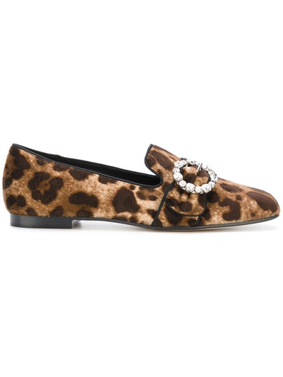 Dolce & Gabbana Leopard Print Loafers With Bejewelled Buckle In Brown