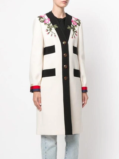 Shop Gucci Gg Web Embroidered Coat - Neutrals