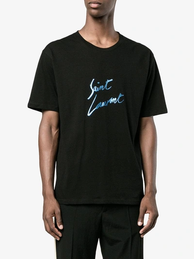 Saint Laurent Metallic Logo Cotton T-shirt, Black/blue In Noir 