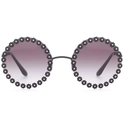 Dolce & Gabbana Flower-trimmed 56mm Round Sunglasses In Black