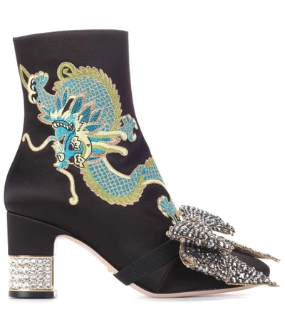 Shop Gucci Embroidered Satin Ankle Boots In Black